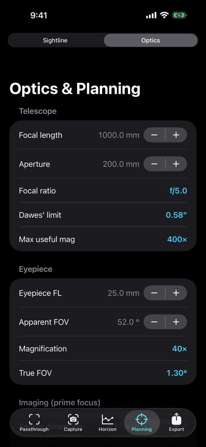 Optics planning interface
